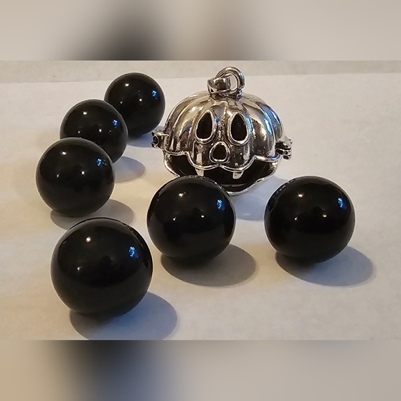 Halloween Silver Color Pumpkin Cage with 10mm Black Obsidian Gemstone Necklace - Picture 6 of 11